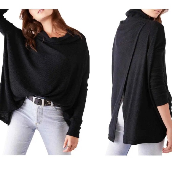 Free People Juicy Long Sleeve Black Ribbed Split Back Cowl Neck Top - M - Picture 4 of 16